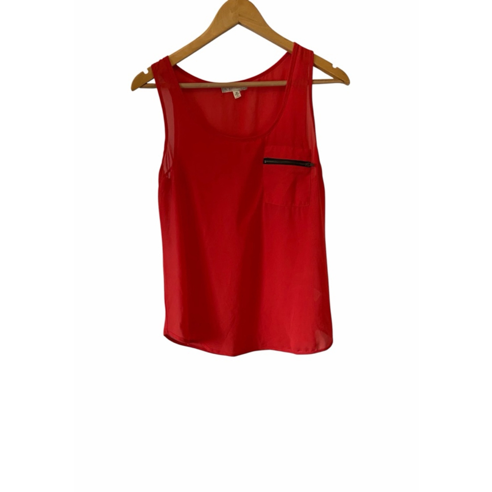 Red Sleeveless Blouse Womens Medium Alythea Zip Pocket Sheer Lightweight Top